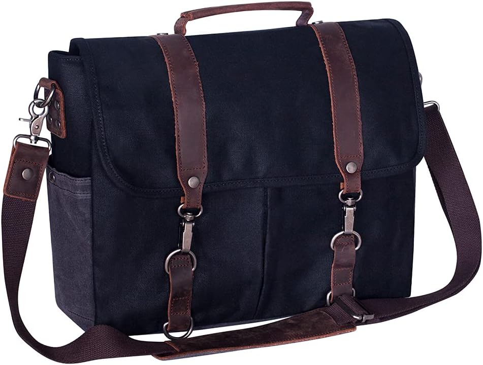 Mens Messenger Bag Waterproof Vintage Genuine Leather Waxed Canvas Briefcase Large Satchel Shoulder Bag Laptop Bag