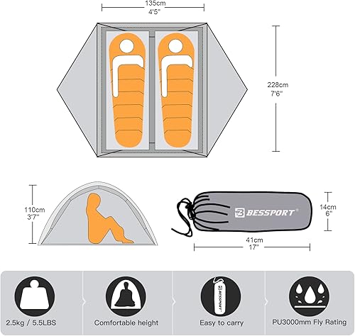 Miniatura 2 de Bessport Tienda de campaña para 2-3 personas, tienda de campaña ligera para mochileros, impermeable, resistente al viento, dos puertas, fácil