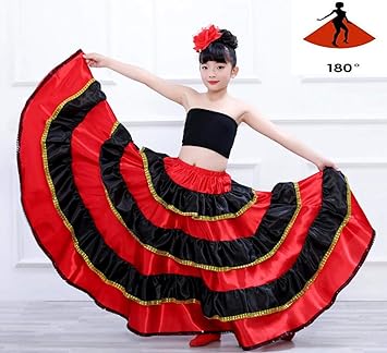Amazon Co Jp 子供のためのキッズガールベリーダンススカートスペインコスチュームの女の子レッドロングスカートフラメンコ社交ダンススカート Sports Outdoors