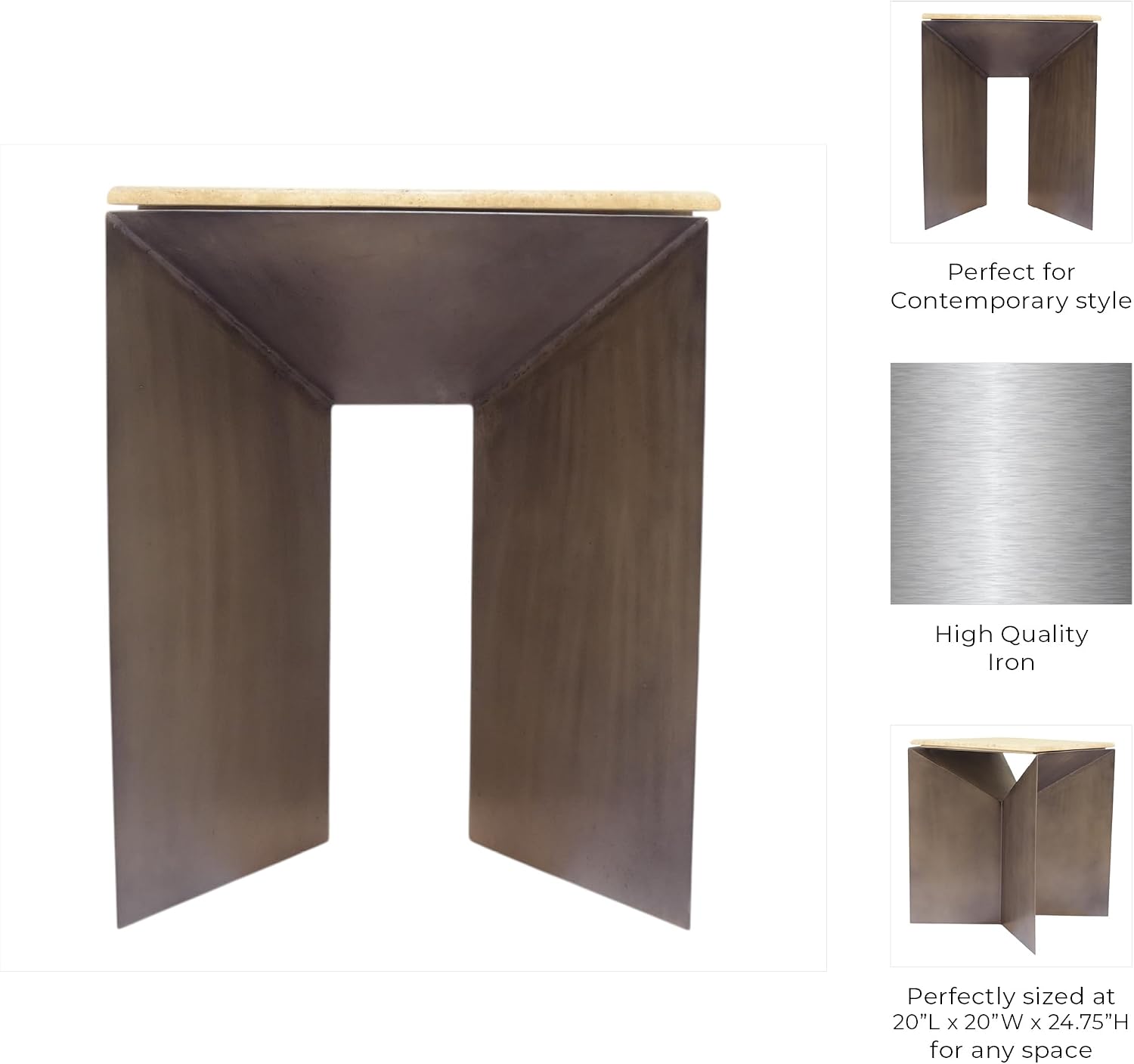 Contemporary End or Side Table with Travertine Top - Home Decor Accent Perfect for Small Spaces, Bedroom, or Living Room Decor - Sculptural Drink Table, Night Stand, or Small Table Stand - 25", Bronze