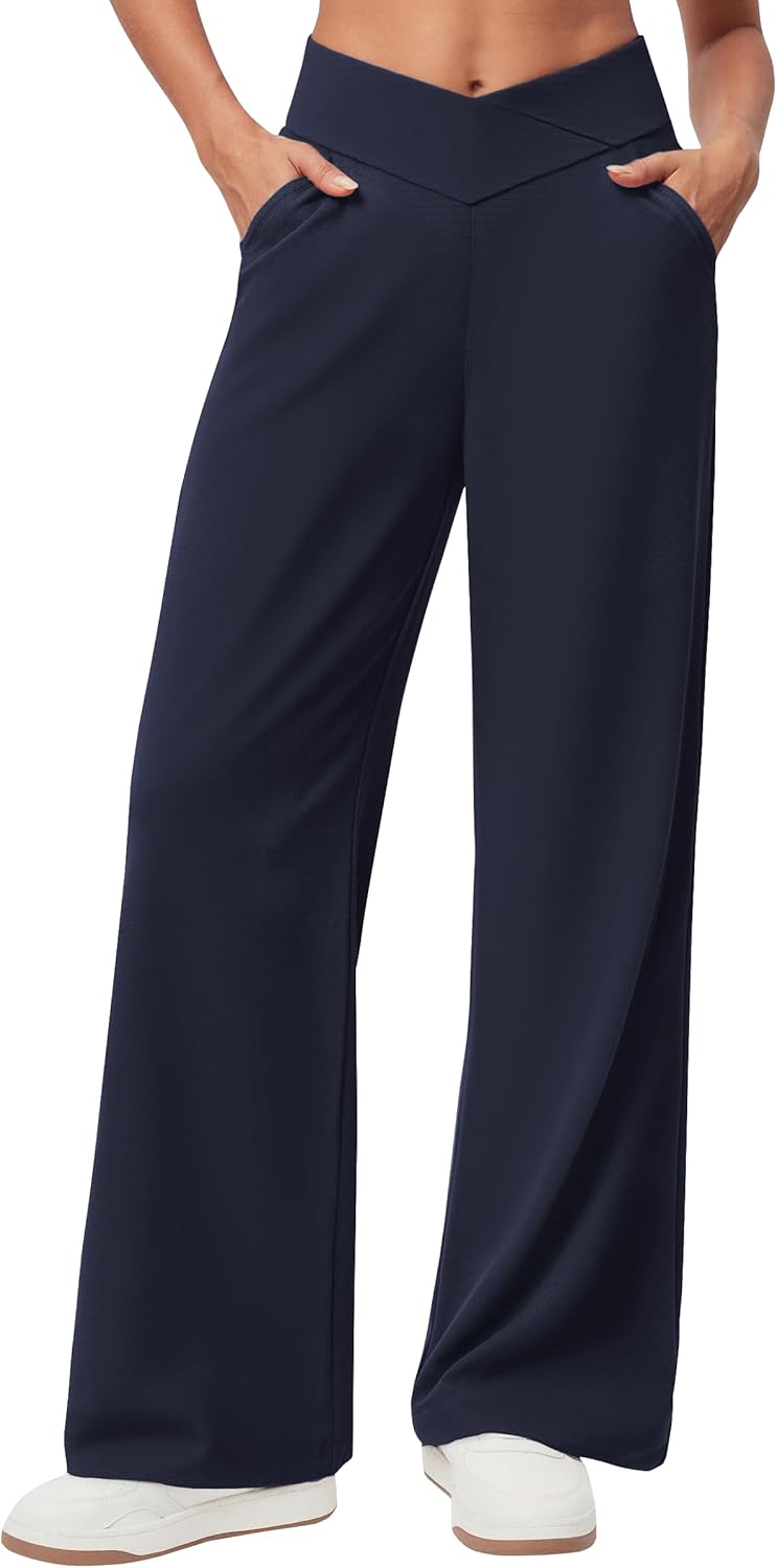 SEMARO Womens Wide Leg Dress Pants Crossover High Waist Stretch Casual Work Slacks Trousers with Zipper Pocket