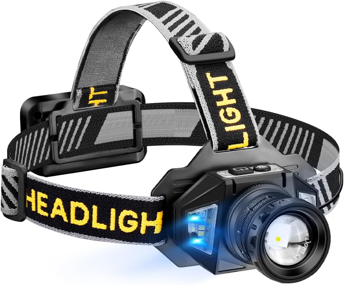 NAKCNM High Lumens Rechargeable Headlamp with Motion Sensor, 12 Modes & Zoomable Beam - Waterproof LED Head Light for Hunting, Camping, Car Repair (Warm/Red Light)