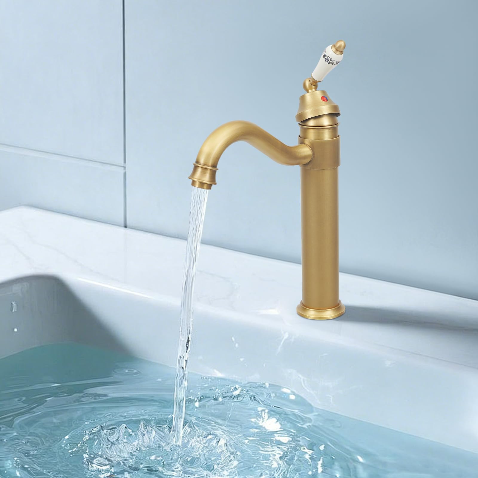 Grifo para lavabo (latón antiguo, un solo orificio, giratorio 360°, para cuarto de baño) | Cartucho de cerámica, denso, duradero, inoxidable, no destiñe, ahorra agua, frío y caliente, listo para montar