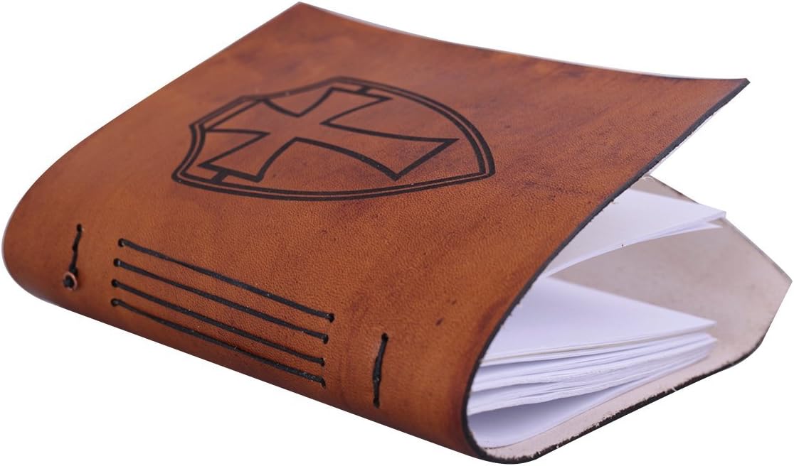 Half sized antiqued rustic leather journal with Templar shield or knights shield and cross. Free initials