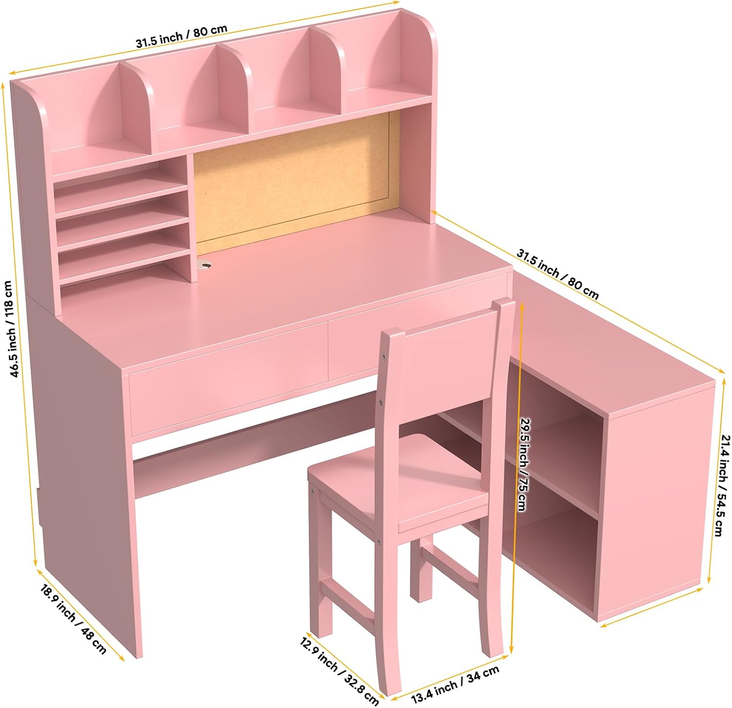 Wooden Pink Kids Study Desk and Chair Set, 2 Drawers and 4 Large Storage Cabinets, Children Corner Desk with 4 Open Hutch and Shelves, Girls Study Desks for Kids Bedroom