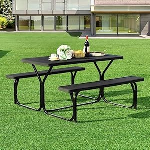 ORALNER Picnic Table Resin Dining Table 2 Benches Set Weather Resistant Wood Grain Tabletop Steel Frame Plastic Picnic Tables for Outdoors Porch Yard Patio Lawn Party Camping Black