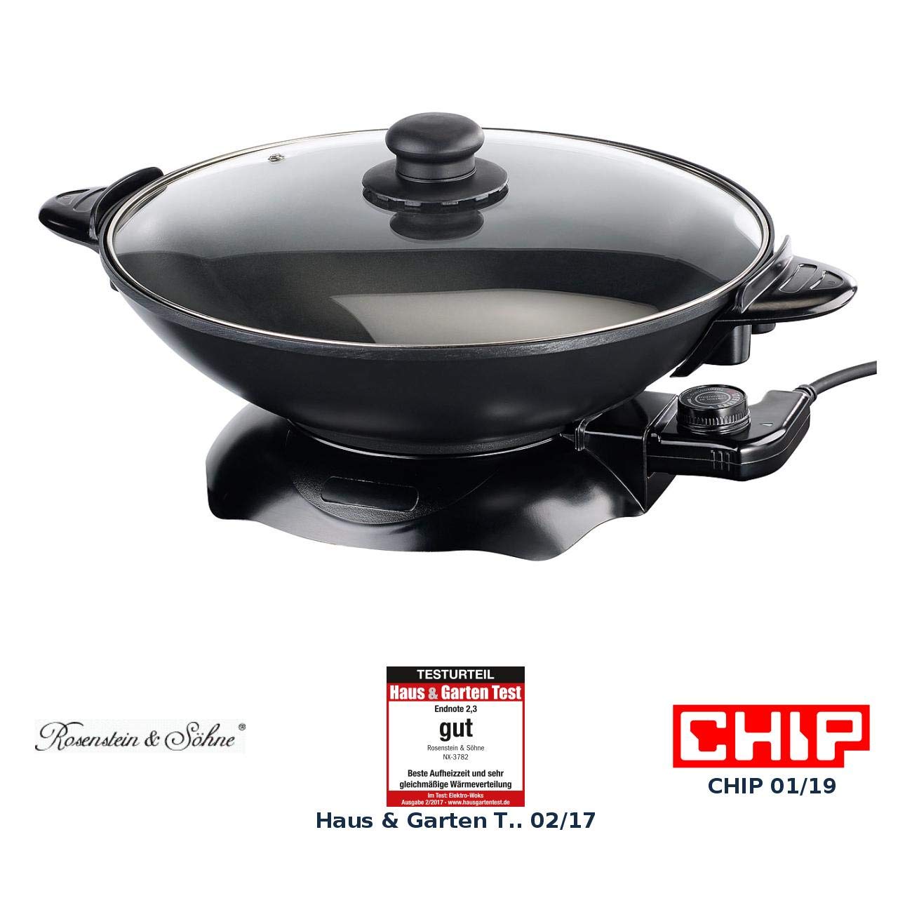 Rosenstein & Söhne Elektro Wok: Elektrischer Wok mit Thermostat, antihaftbeschichtet, 1.500 W, 5,1 l (Elektrische Pfanne, Pfanne elektrisch, Topf)