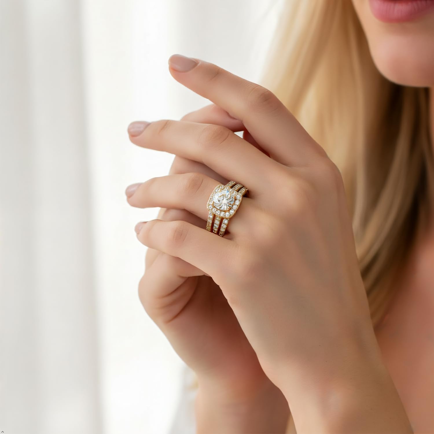 MDFUN 18K Yellow Gold Plated Cubic Zirconia Three-in-One Halo Wedding Engagement Promise Eternity Ring for Women - Image 5