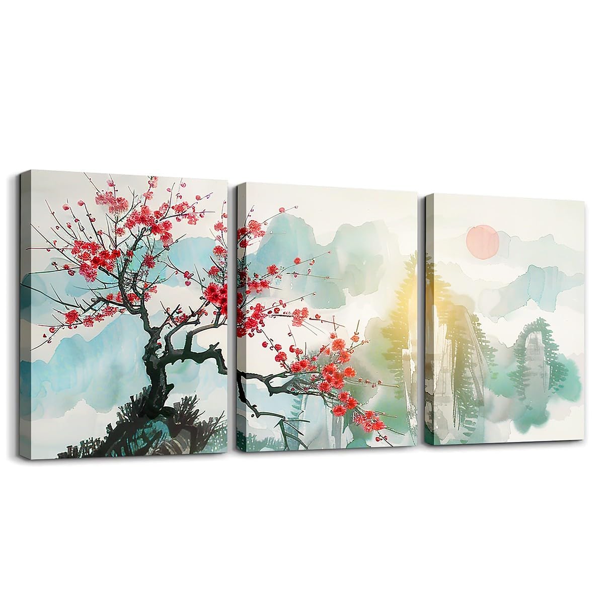 Loussiesd Japanese Style Canvas Wall Art for Living Room Bedroom 40X30cm 3 Piece Cherry Blossoms Wall Art for Home Decor Fuji Mountain Decor Picture Wall Decor Red Sun Ink Painting Down Wall Painting