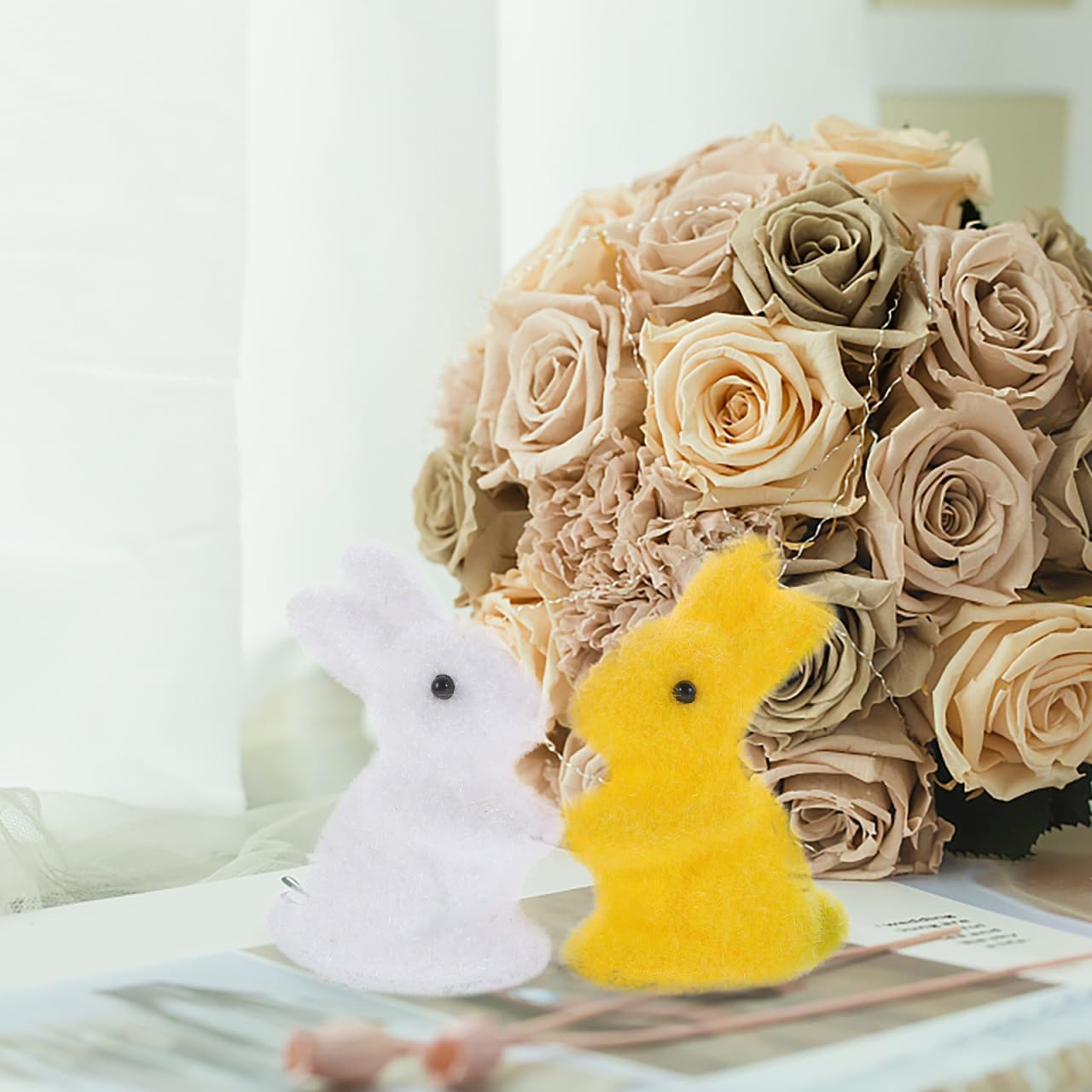 Amosfun 6Pcs Mini Flocked Easter Bunny Ornaments Foam Rabbit Figurines for Party Decorations Cake Toppers Tier Tray Table Decor