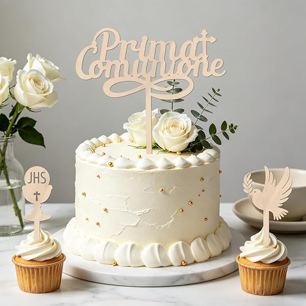 3pcs Topper Torta Prima Comunione Legno, Cake Topper Comunione con Calice Piccione, Addobbi Torta Cresima per Bambini Decorazione Torta Cupcake Battesimo Festa - 5