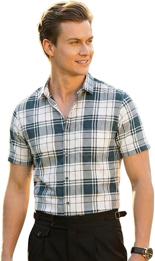 Afflatus Men’s Checks Half Sleeve Cotton Shirt | Slim Fit Casual Summer Shirt for Men | Lightweight Breathable Button-Down...