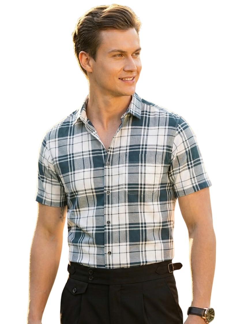 afflatus Men’s Checks Half Sleeve Cotton Shirt | Slim Fit Casual Summer Shirt for Men | Lightweight Breathable Button-Down Shirt for Office and Travel-picture-33