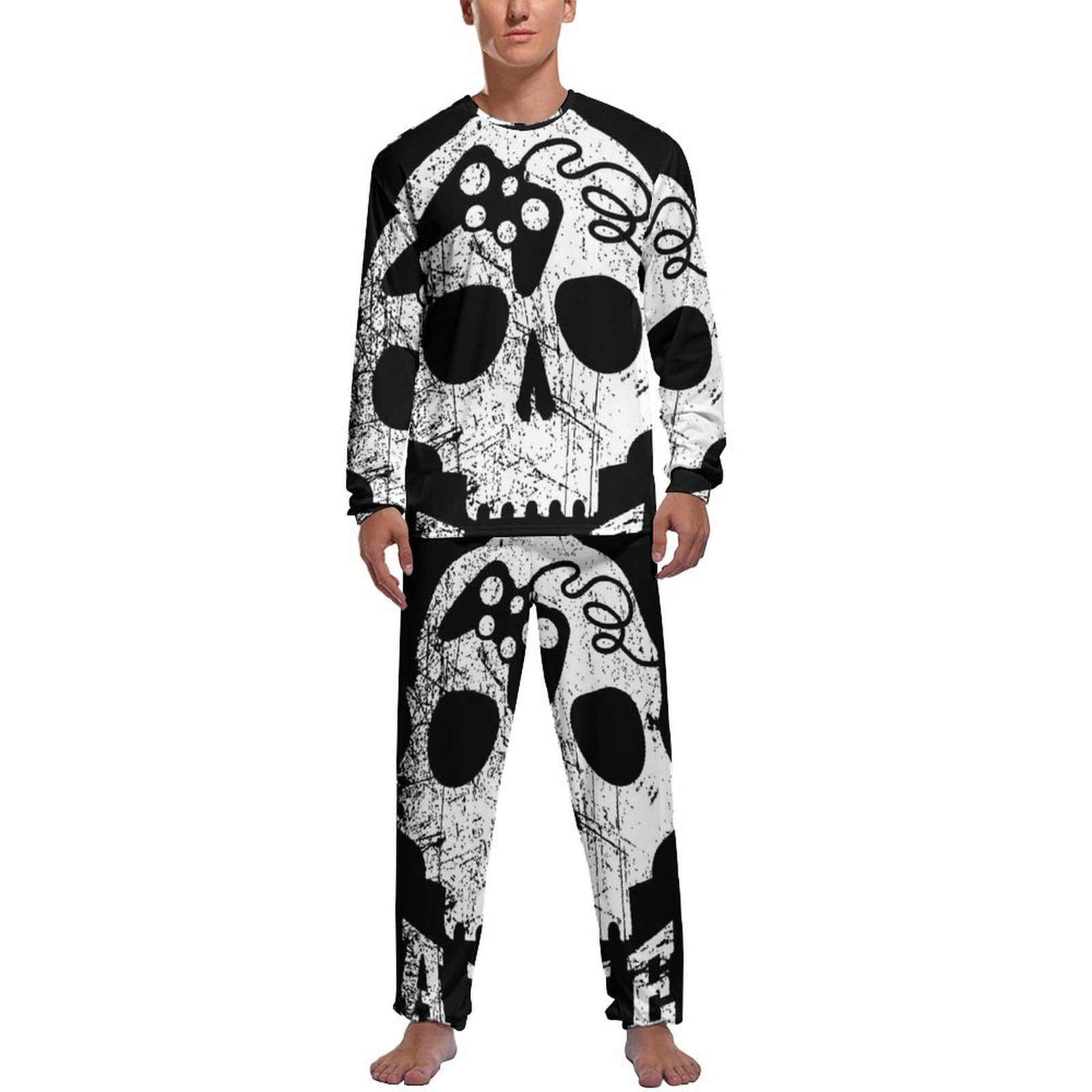 Mzgfaq Men's Color1 Skeleton Game Pajama Set Sleepwear Pjs Top Long Sleeve Bottoms Pants Loungewear