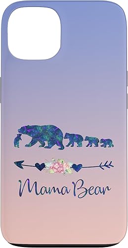 Funda para iPhone 13 Azul Verde Azulado Púrpura Floral Mama Oso Cuatro Cachorros Azul Rosa