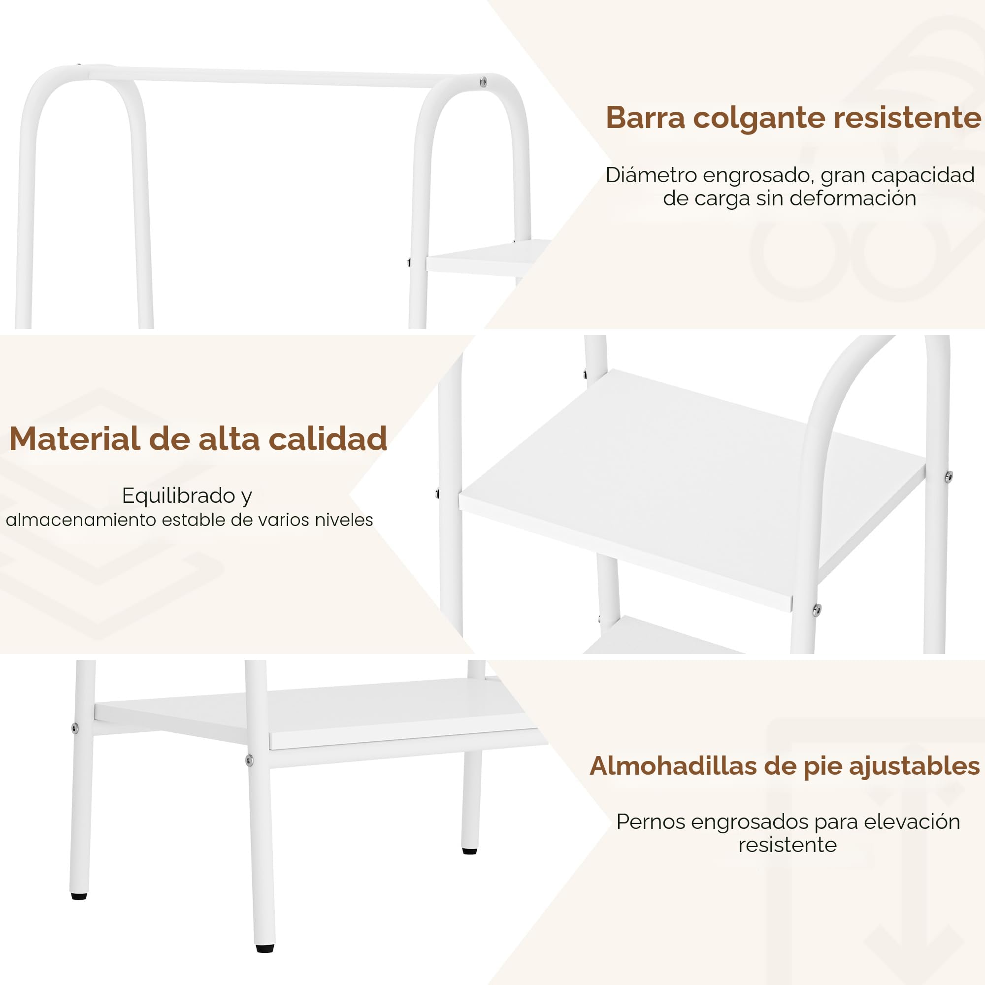 sogesfurniture Perchero de pie con 4 estantes de madera y metal, 100 x 40 x 150 cm, color blanco