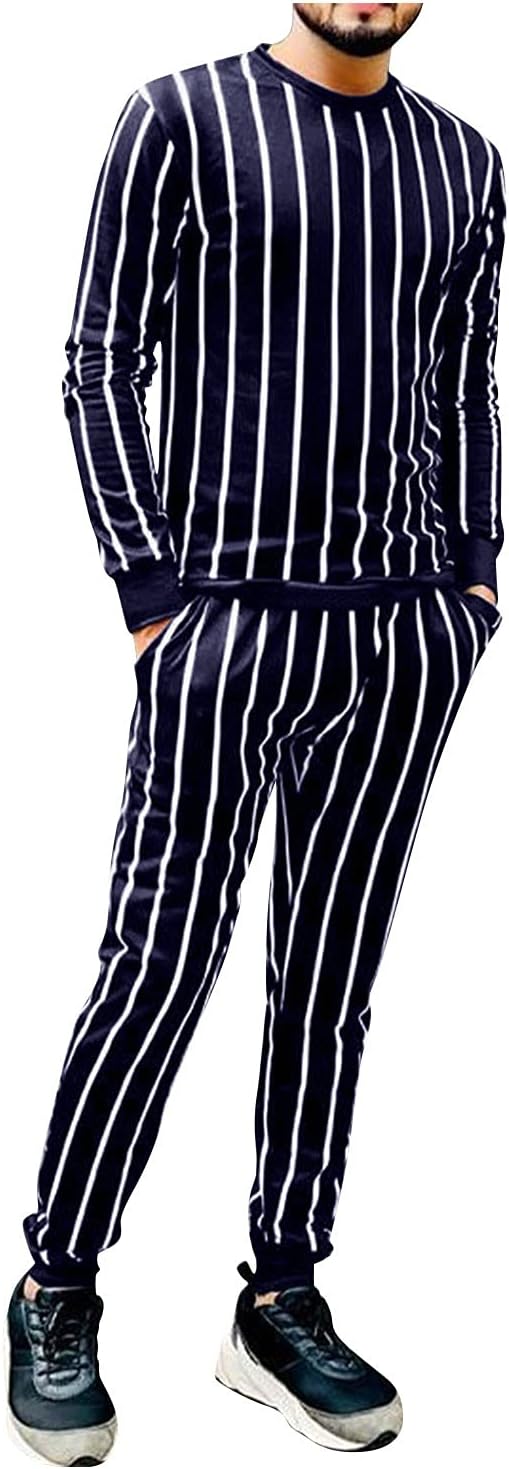LMDGO Men Tracksuit Sets Casual Long Sleeve Round Neck Pullover Top Jogger Pants Suit with Pockets Slim Sportswear Set