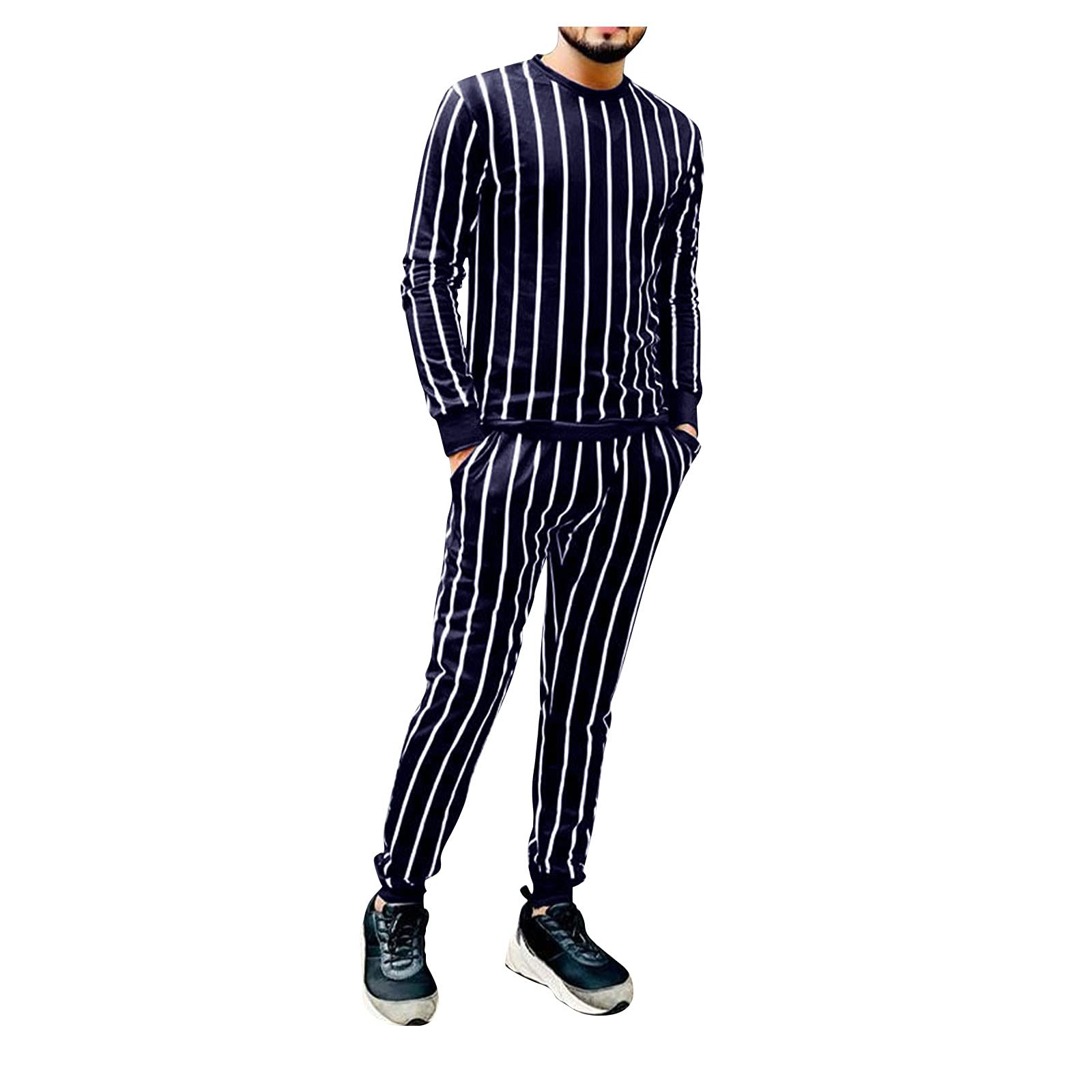 LMDGO Men Tracksuit Sets Casual Long Sleeve Round Neck Pullover Top Jogger Pants Suit with Pockets Slim Sportswear Set