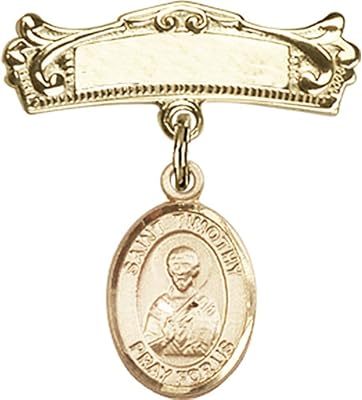 14kt Yellow Gold Baby Badge with St. Timothy Charm and Arched Polished Badge Pin 7/8 X 3/4 inches