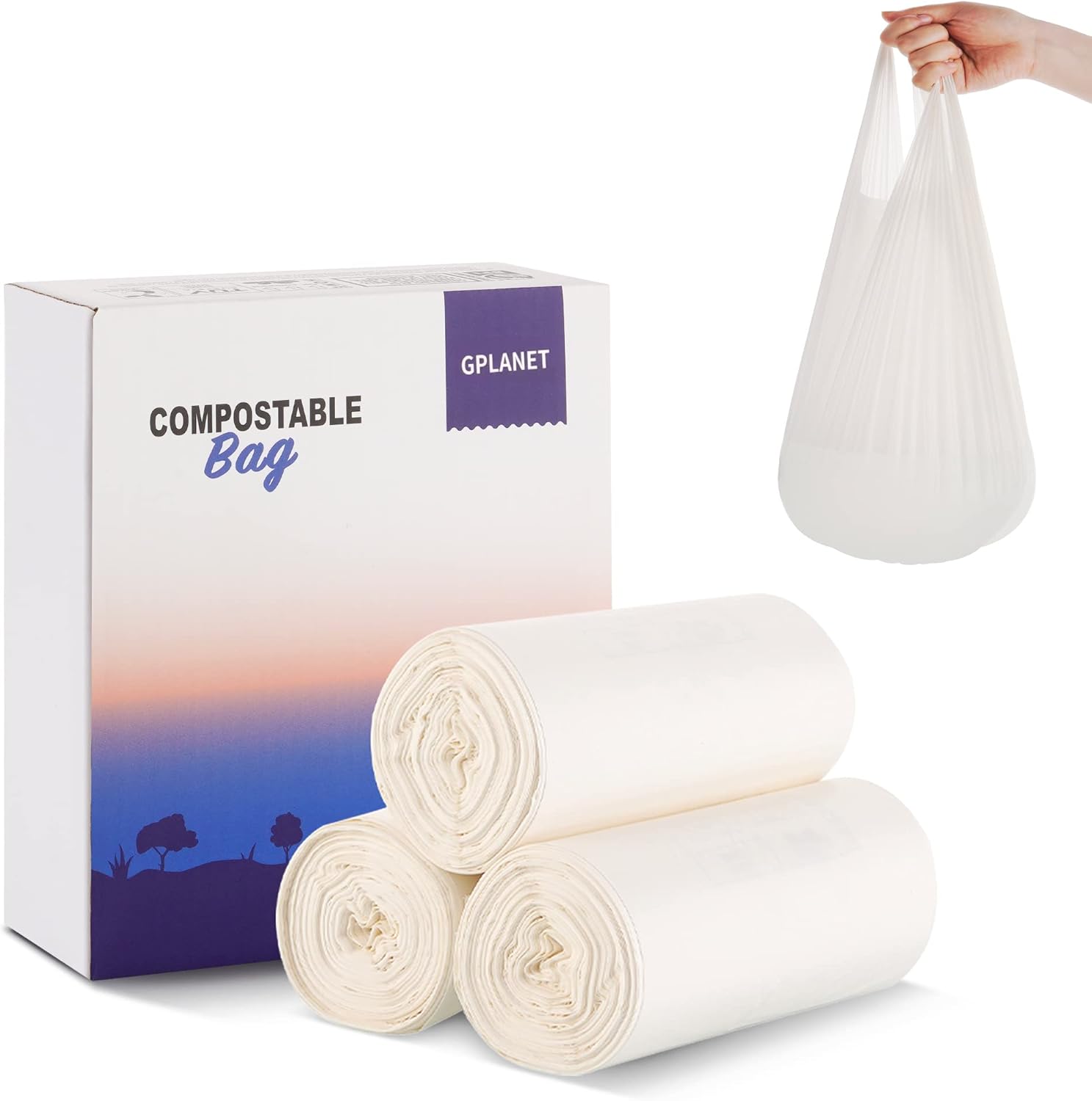 Biodegradable handle Trash Bags, 5 Gallon, 20L, leak proof 0.78 Mils Thickness, 100% Compostable Waste Bags for Kitchen Bathroom Office , ASTM D6400 BPI Certified, White