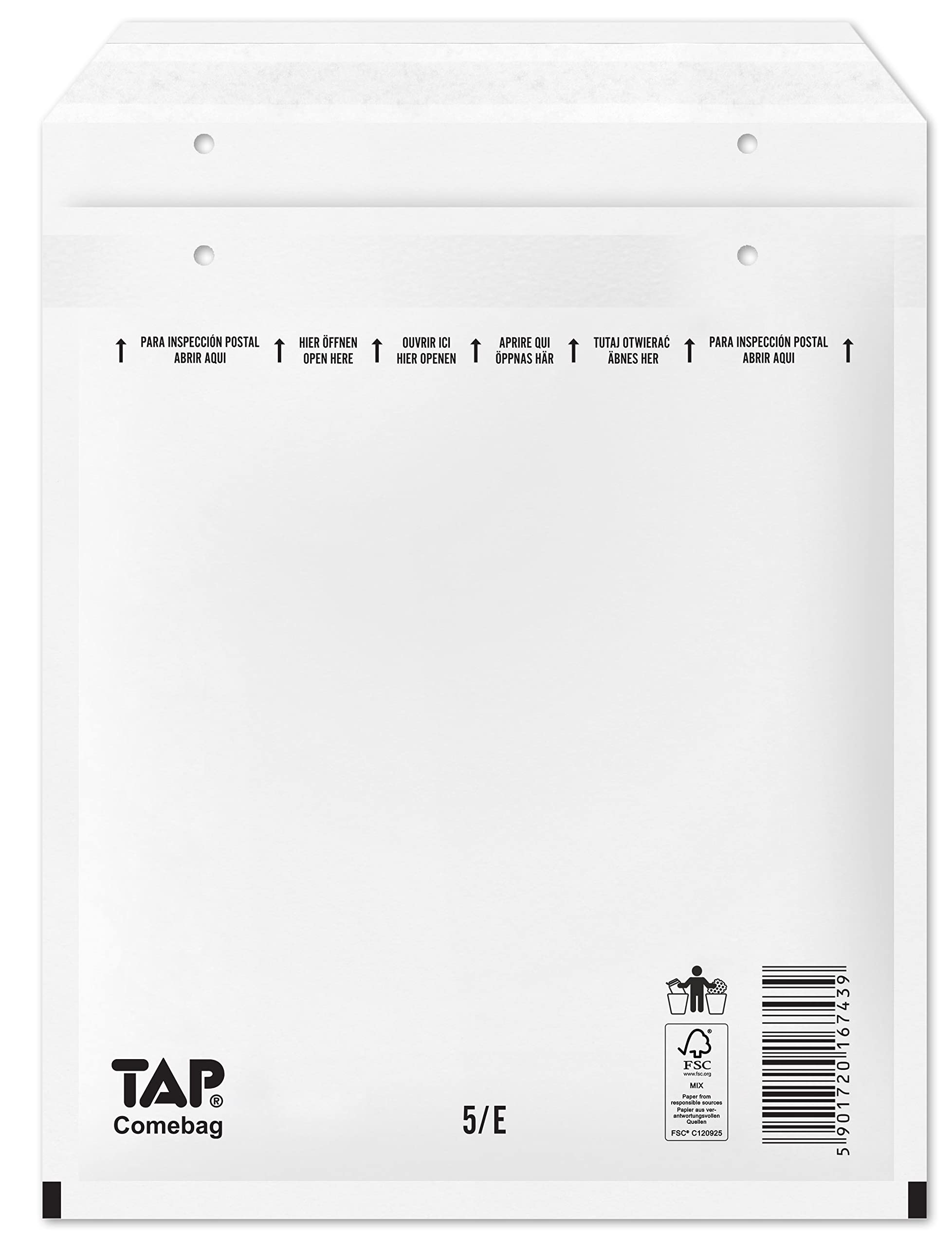 Tap Telion TAP Comebag 15/5/E Blanco, Plástico de Burbujas, Resistente al Agua, Papel sin Recubrimiento, Certificado FSC y Papel de Lámino, 240 x 275 mm