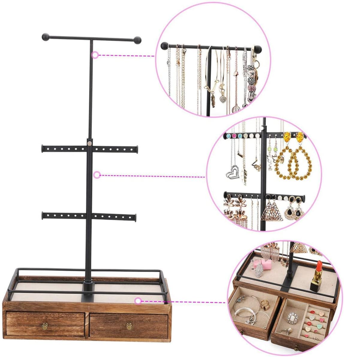 Multi-layer Wooden Jewelry Rack Retro Design Jewelry Organizer for Bracelets Necklaces Earrings and for Dorm and Home Decor