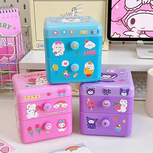 Miniatura 4 de Organizador de escritorio pequeño Kawaii con tapa y 2 cajones bonito organizador de escritorio Kawaii con calcomanías de bricolaje para adolescentes