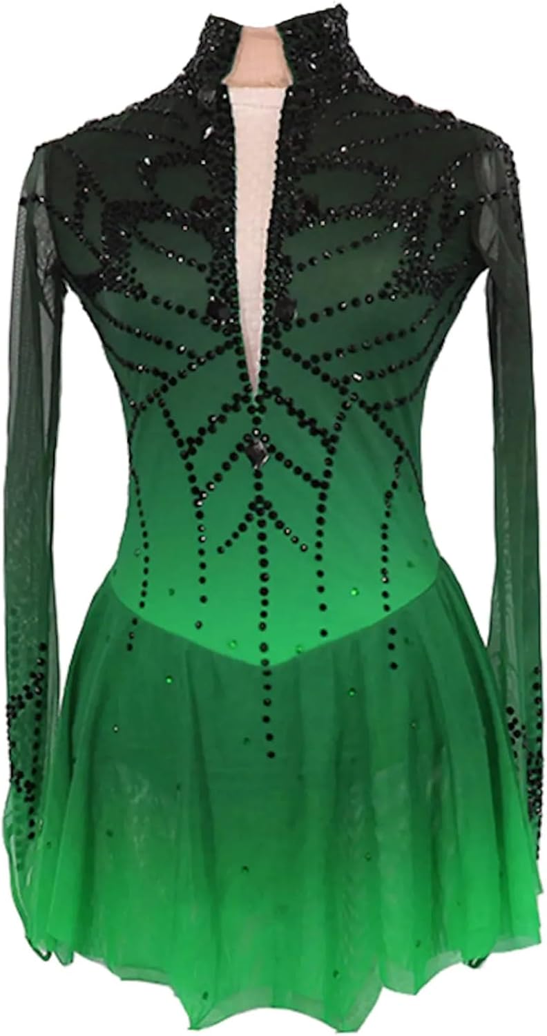 Girls Women Figure Skating Dress Rhinestone Handmade Spandex Training Wear