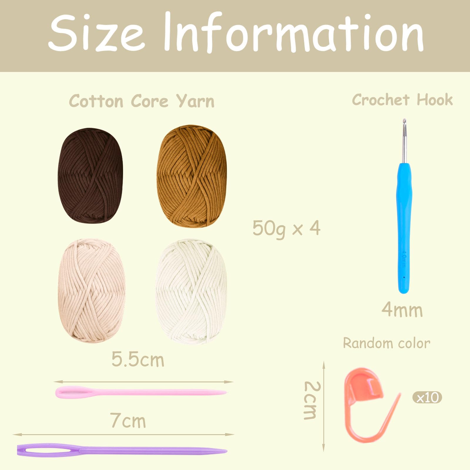 Chunky Cotton Wool Yarn for Crochet Beginners - 4x50g Amigurumi Yarn with Accessories, Easy Crochet Starter Kit Khaki Brown - Image 2