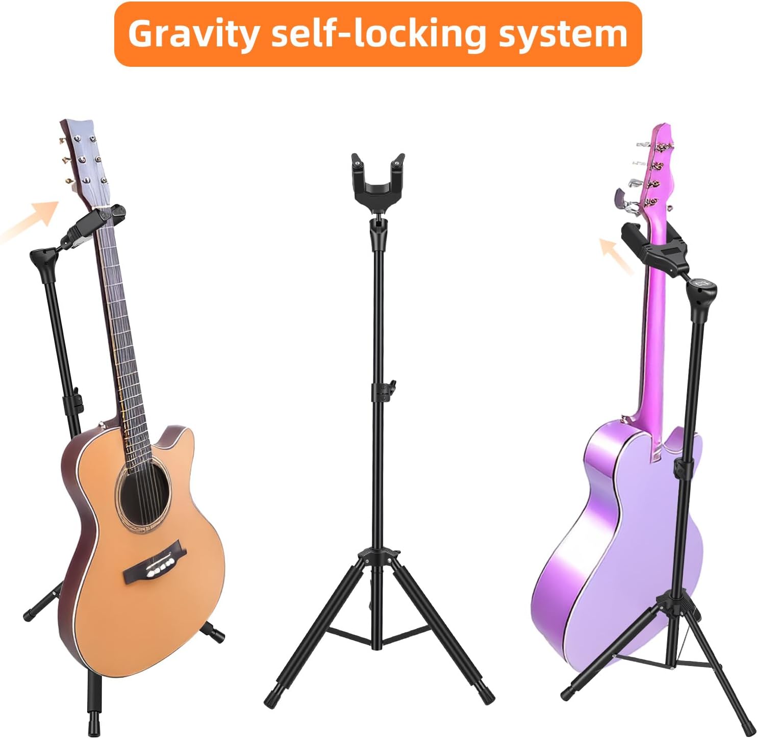 Folding Guitar Stand, Auto-Lock Bass Guitar Stand, Portable Electric Guitar Stand,Adjustable Heights Bass Stand for Stage, Travel, Studio