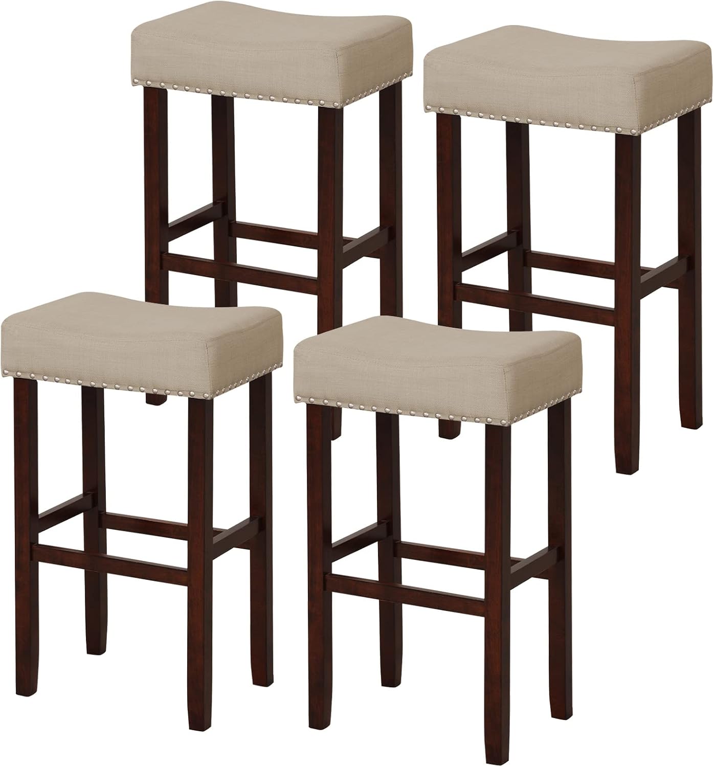 COSTWAY Wooden Saddle Stools Set of 4, 29.5-inch Backless Counter Chairs with Nailhead Trim, Rubber Wood Frame, Footrest, Max Load 330 Lbs, Upholstered Bar Stools for Kitchen Island, Beige+Brown