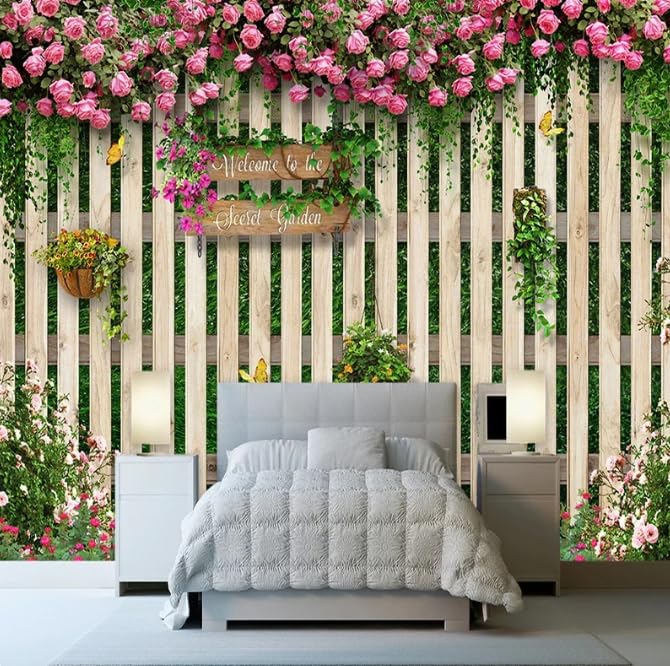 Decor wall decor 3D rose romantique imitation planche de bois grand format