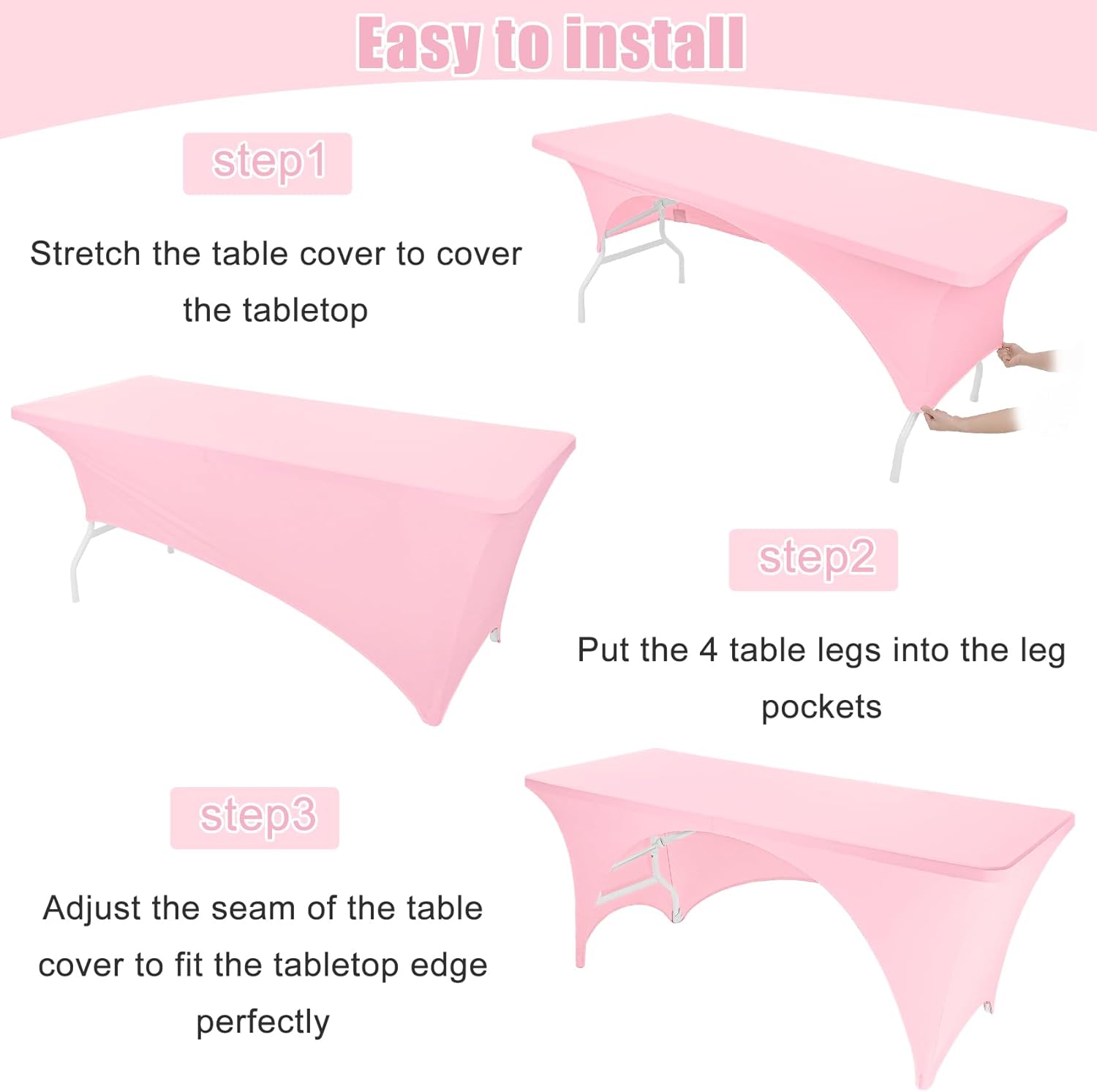 Fivenl 2 Pack Spandex Rectangle Tablecloths 96 x 30 Inch, Open Back Pink Stretch Table Clothes for 8 Foot Tables, Washable Fitted Table Cover for Parties, Wedding, Banquet, Trade Show (Pink, 8FT)