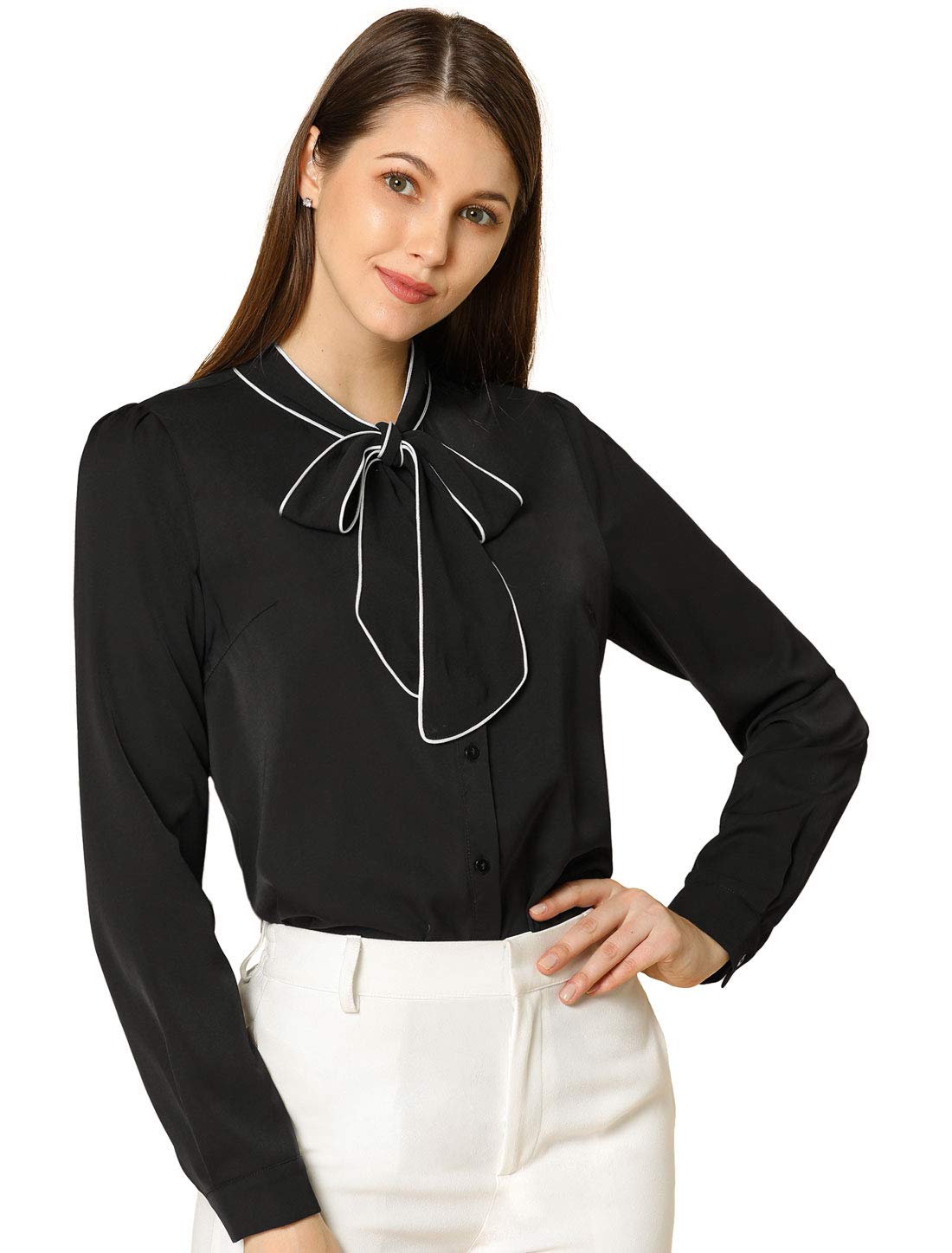 Allegra K - Camisa con Botones de Manga Larga y Cuello en Contraste para Mujer