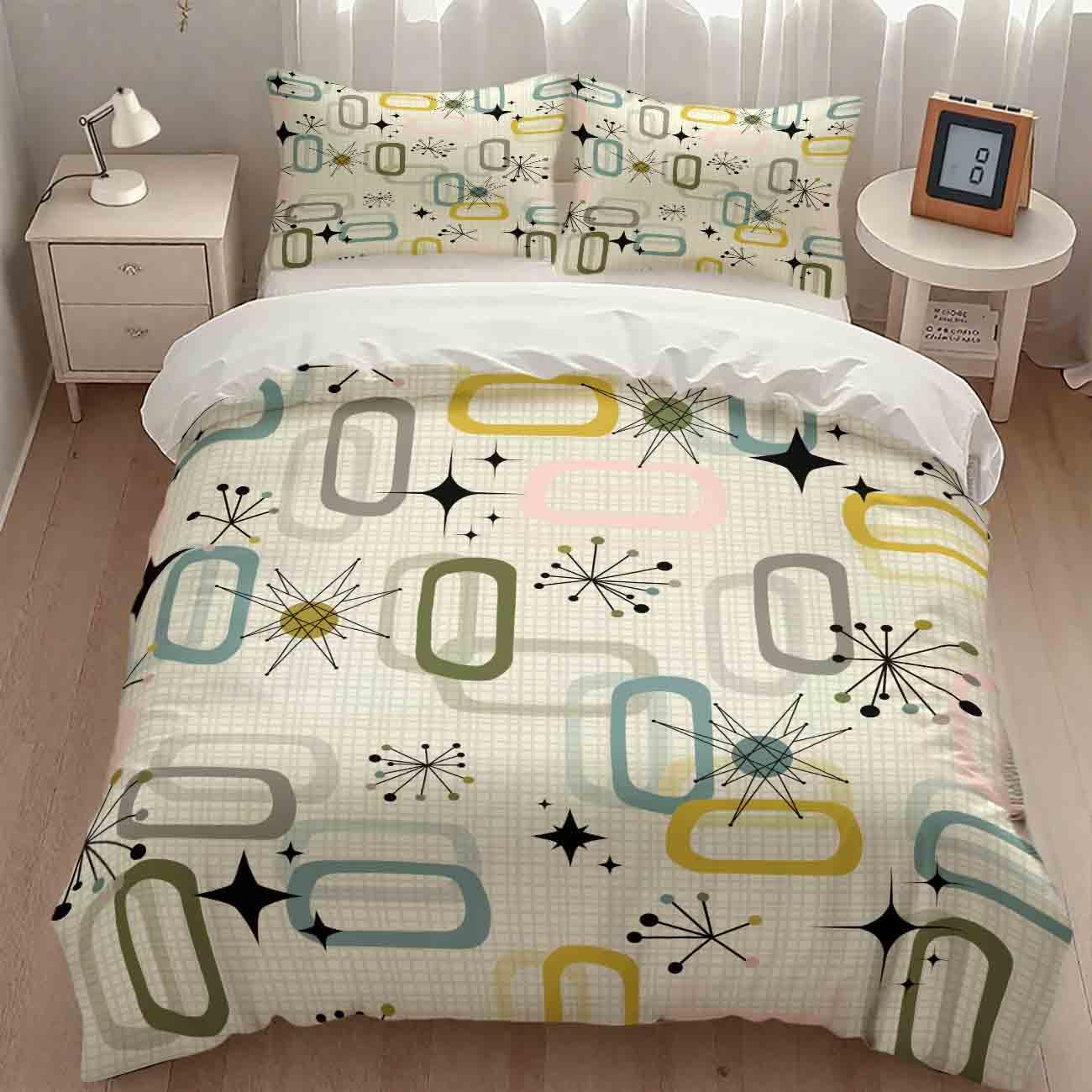 Modern Geometric Bedding Set,Retro Mid Century Colorful Diamond Abstract Geometric Vintage 60s 70s Pattern Comforter Set with Pillowcase for Bedroom Bed Decor,Full 79"x90"