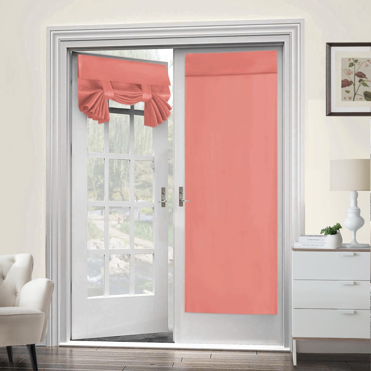 GAMUKAI Blackout Door Curtain W26 x L69 inch Privacy Thermal Insulated Tricia Door Window Curtains for Patio French Door Front Door Sidelight Curtain Tie up Shade (1, Coral Pink)