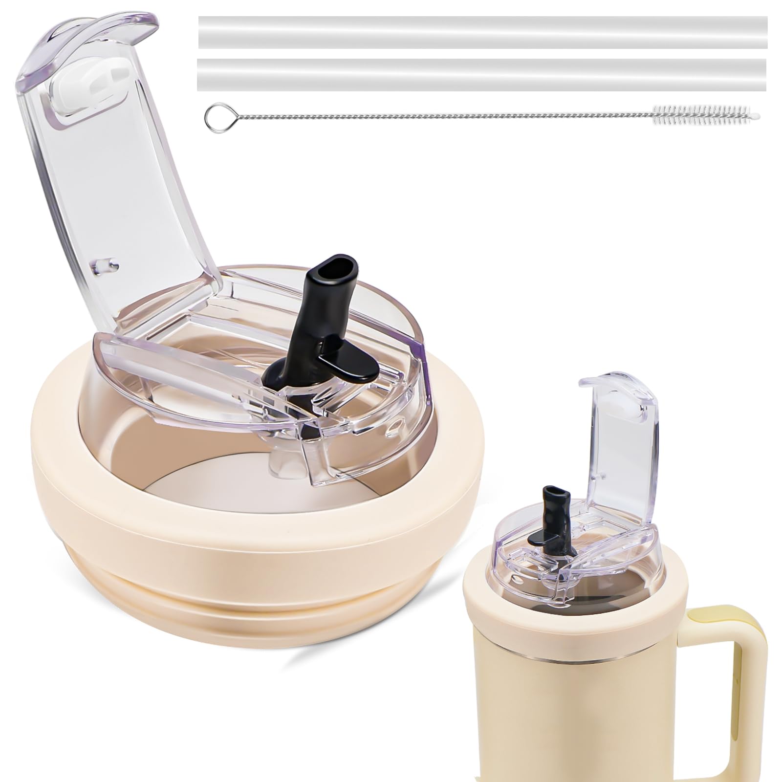 Couvercle Étanché Anti-Fuite Pour Stanley 40 Oz - Noir, Avec 2 Pailles Résistantes Chaleur + Brosse, Compatible Quencher & HydroJug