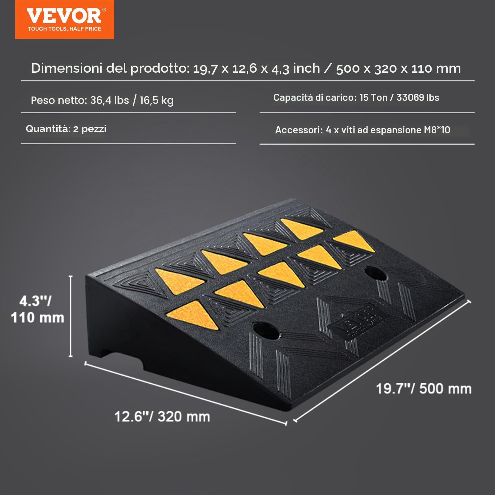 VEVOR Rampa per Soglia in Gomma Capacità Carico Max. 15 Tonnellate 2 Pezzi, Rampa per Soglia Superficie Antiscivolo Buchi per Drenaggio Altezza 12,7cm Rampa Soglia Antiscivolo per Salita Facile 2 Pz