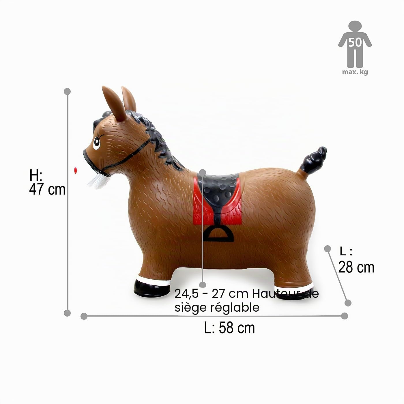 Jamara 460597 – Animal Sauteur Ceval Brun avec Pompe – Poids Jusqu’à 50 kg, Oreilles Servent de Support, Résistant, Entretien Facile, Favorise Le Sens de l’Equilibre