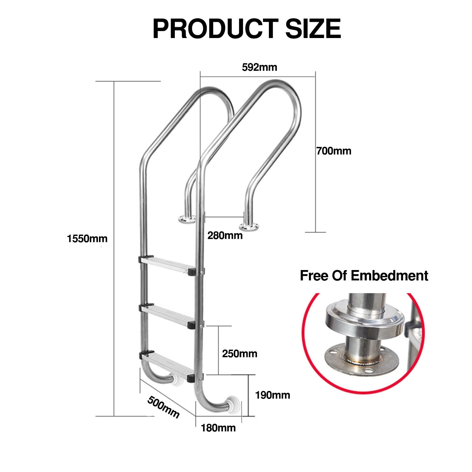 Scala per Piscina, Attrezzatura per Piscina, Scala di Accesso, Acciaio Inox 304, capacità di carico 100 kg, Facile da Montare e Salire (3 gradini)