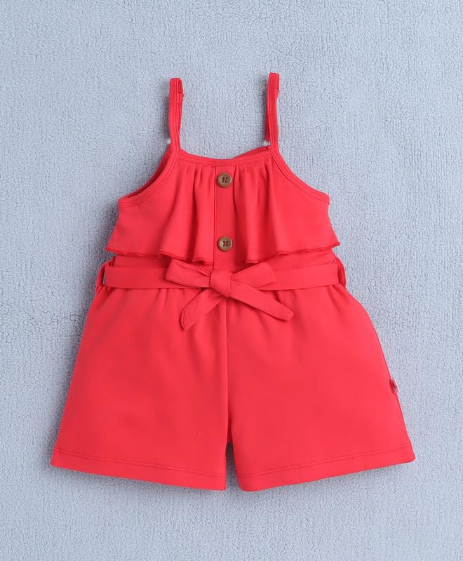 Image of BUMZEE Baby Girls Regular Fit Sleeveless Square Neck Cotton Above Knee Jumpsuit With Belt