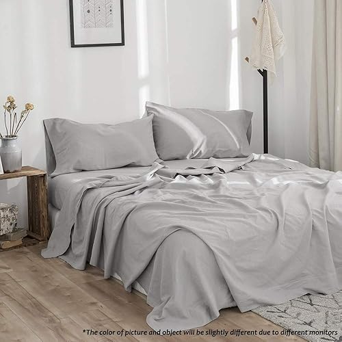 Simple&Opulence Belgian Linen Sheet Set Solid Color - 4 Pieces (1 Flat Sheet, 1 Fitted Sheet & 2 Pillowcases) Natural Flax Cotton Blend Soft Breathable Farmhouse Bedding - Queen Size, White - Thumbnail 5