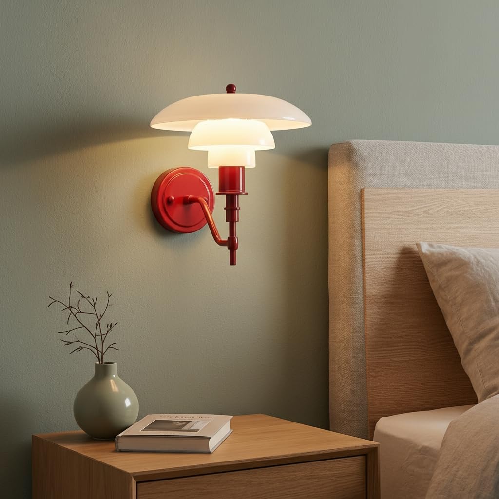 BARCELONA LED Aplique de pared "Marshal" moderno y clásico, lámpara de pared con pantalla de vidrio blanco y cuerpo rojo metálico, diseño elegante, minimalista y lujoso