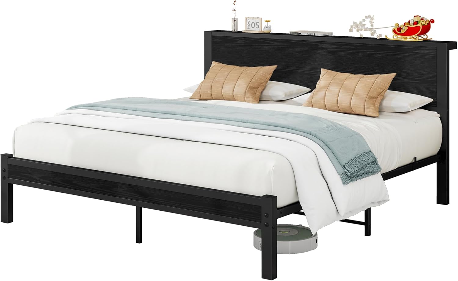 Queen Bed Frame with Wood Headboard, Platform Bed Frame Queen Size with Storage, Heavy Duty/Mattress Foundation/No Box Spring Needed/Black - Image 7