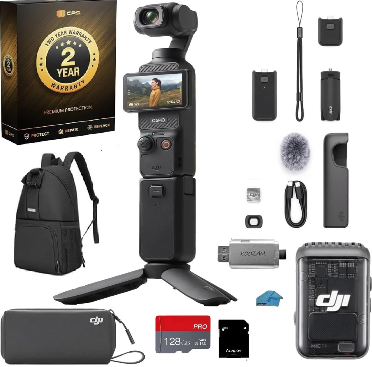 dji osmo pocket 3 creator combo, 1-inch cmos sensor, 4k 120fps video, 3-axis stabilization, vlogging camera bundle with 128gb card & 2-year extended warranty