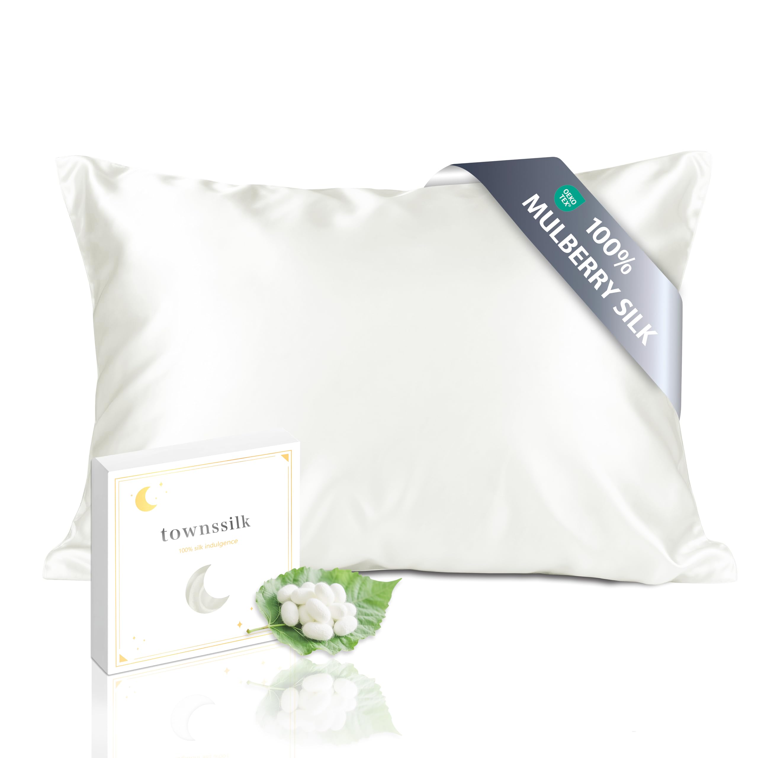 townssilk Federa seta cuscino,100% naturale seta di gelso 19momme,doppia faccia,benefica per capelli e pelle,ipoallergenica,cerniera nascosta,1 pz,50x75cm,Naturalwhite