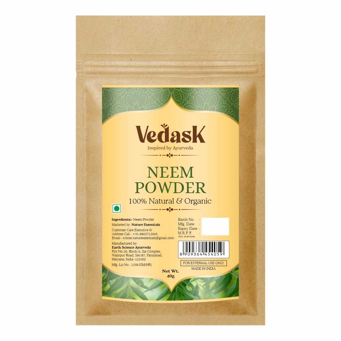 Vedask 100% Natural & Organic Neem Powder for Face Pack & Skin Care | Purifying Herbal Remedy for Acne & Blemishes | Suitable for All Skin Types - 40gm