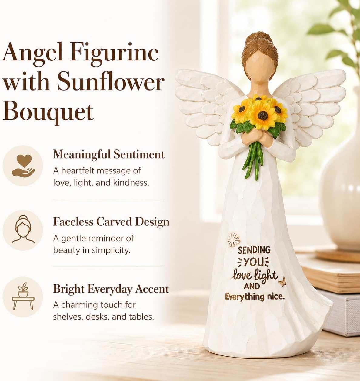 Sunflower Gifts for Women Self Care Gifts for Women Thinking of You Gift, Sympathy Friendship Birthday Gifts, Sculpted Painted Resin Angel Figurine Decor image 3