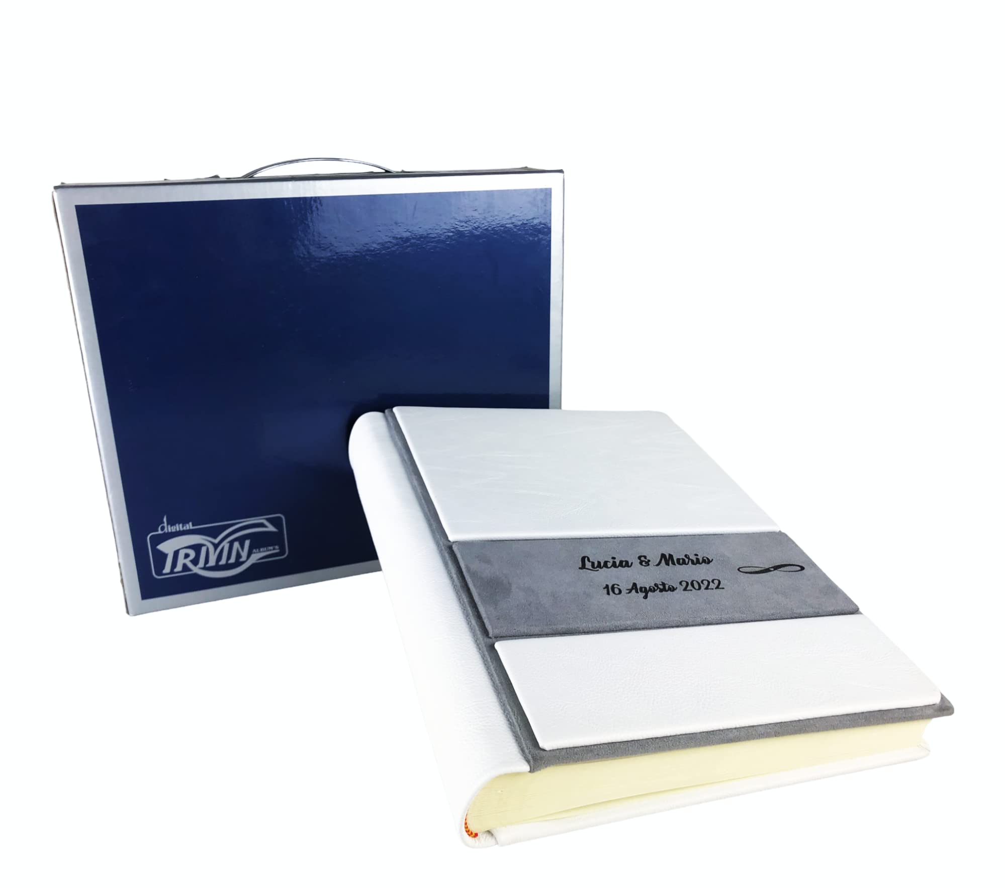 TriVin Art Album Fotografico Artigianale in Alcantara e Similpelle, Personalizzabile con Incisione. Ideale per Qualsiasi Evento. (Bianco/Grigio)