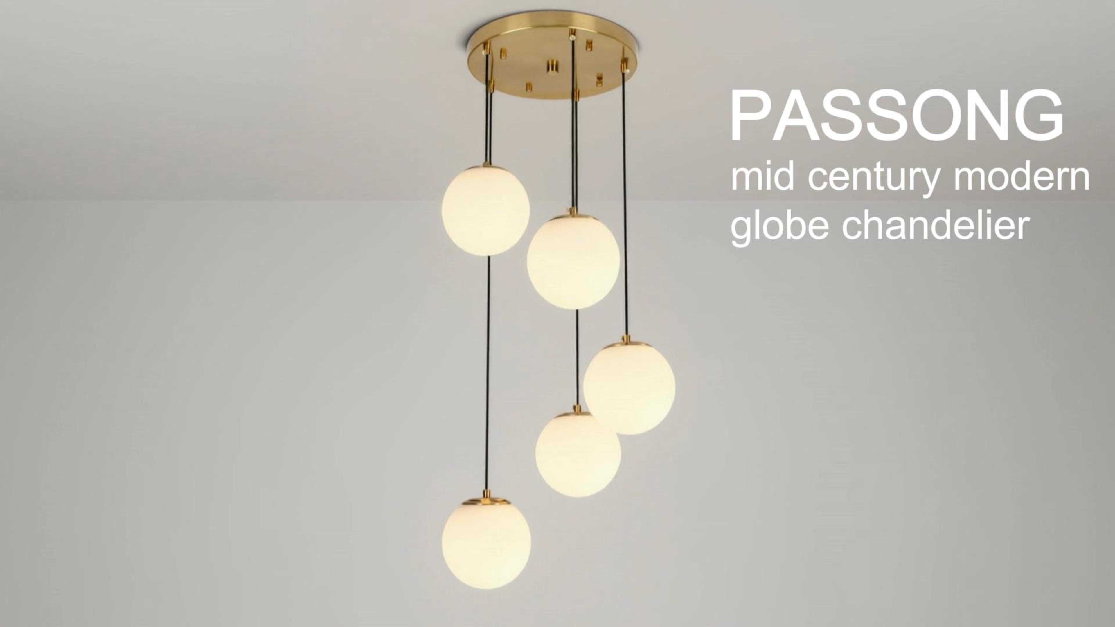 Image of Mid Century Globe Chandelier, 5-Light Brushed Gold Pendant with Milk White Glass, Modern Cluster Lighting for Staircase Kitchen Island Dining Room